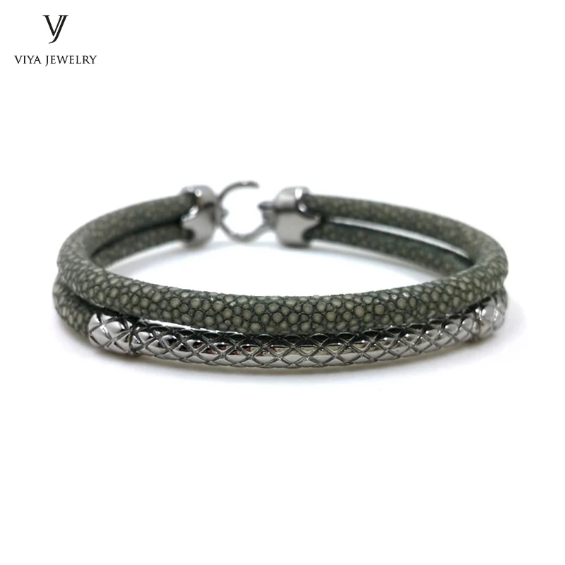 Handcrafted Luxury Custom Stingray Silver Bracelets Two hand-wrapped Stingray leather cords Men Bracelet With Pure Silver Clasp-VSST-03 (12)