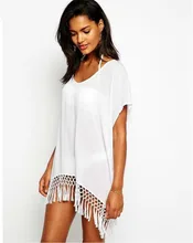 Verão sexy vestido de praia com borlas pareo beachwear túnica branco chiffon sarong vestido de banho vestido de praia túnica(China)