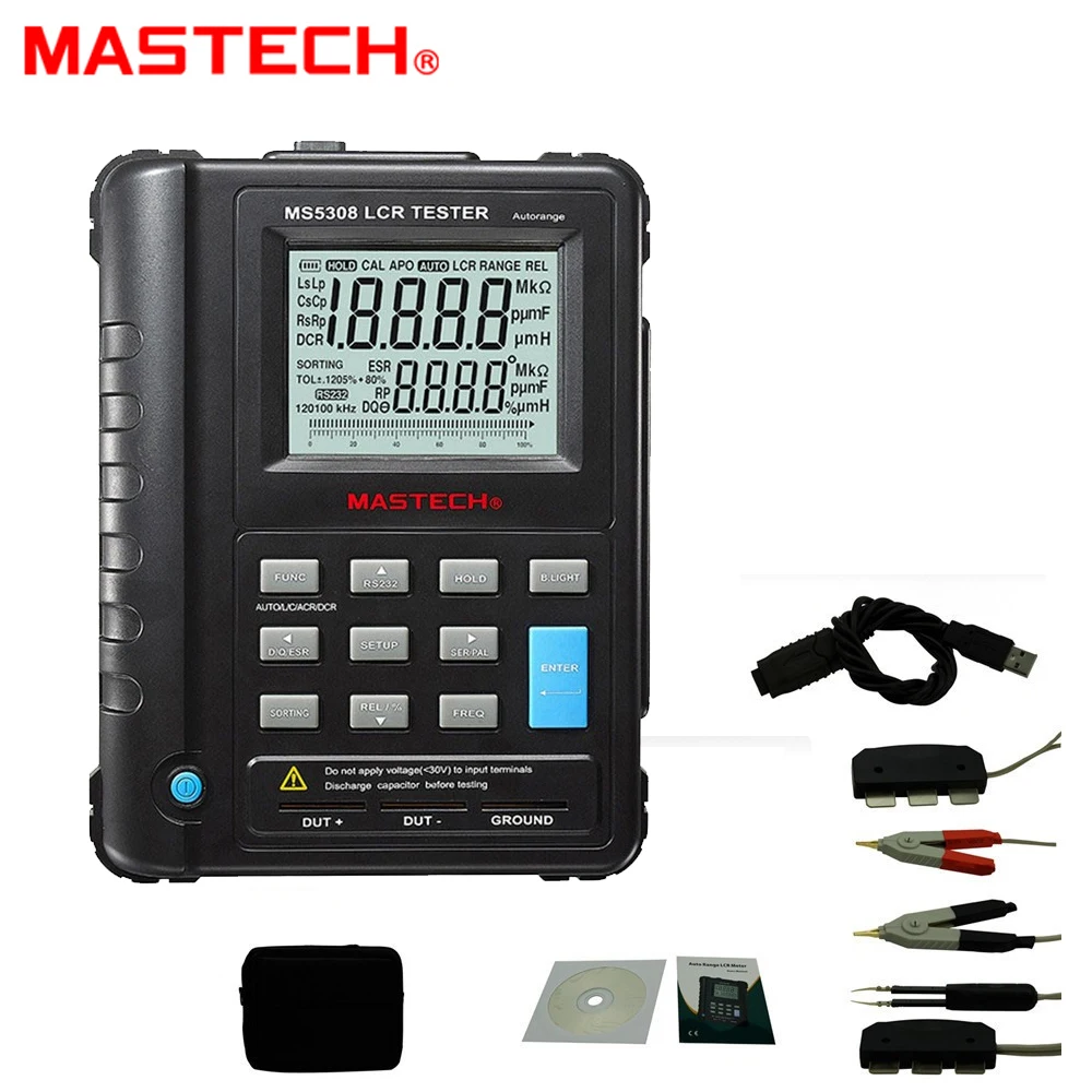 Mastech MS5308 LCR Meter Portable Handheld Auto Range LCR Meter High-Performance 100Khz 19,999/1,999 dual LCD display
Mastech MS5308 LCR Meter Portable Handheld Auto Range LCR Meter High-Performance 100Khz 19,999/1,999 dual LCD display