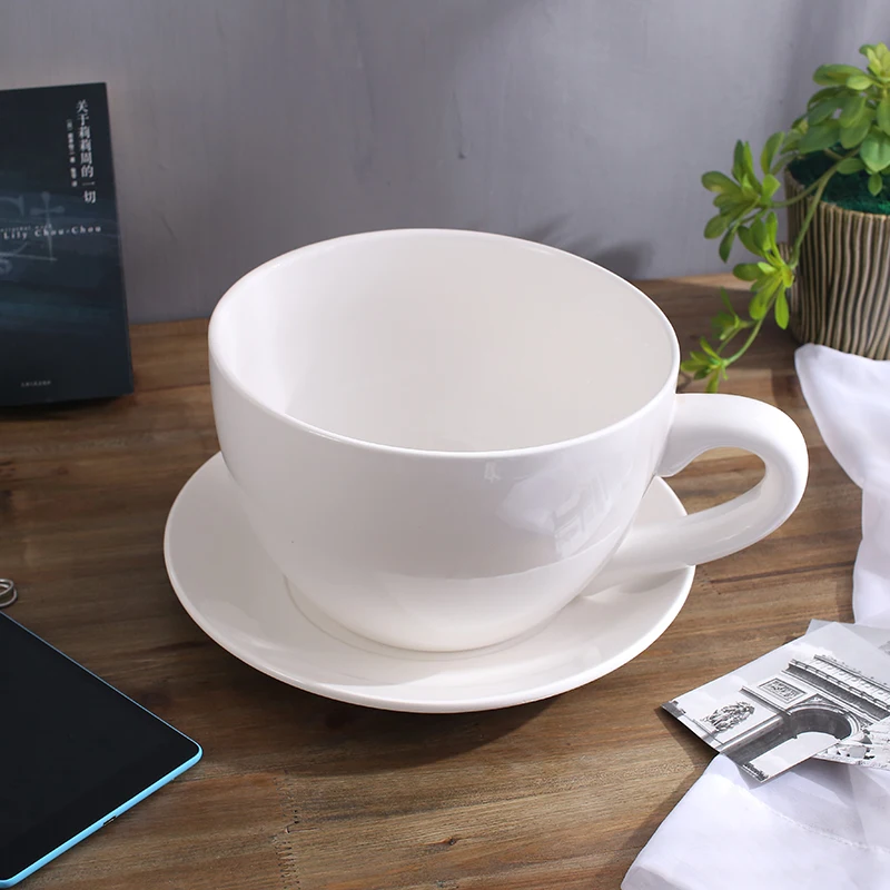 Super big ceramic coffee cup and saucer Cafe Decoration white cup with