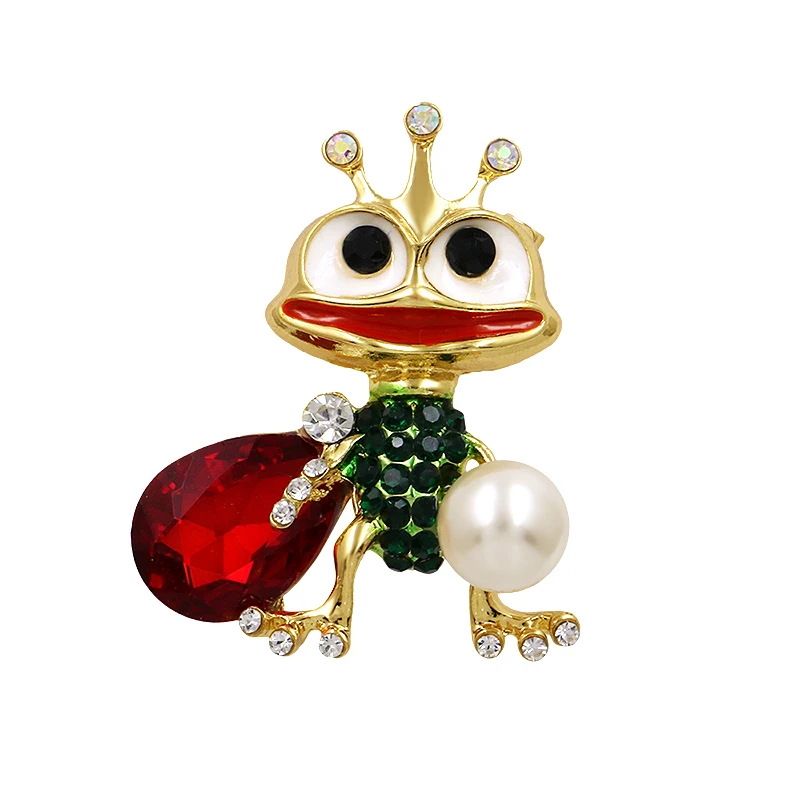 2018 Summer New Arrival Red and Green Crystal Enameled Frog Brooch Pins with Simulated Pearl