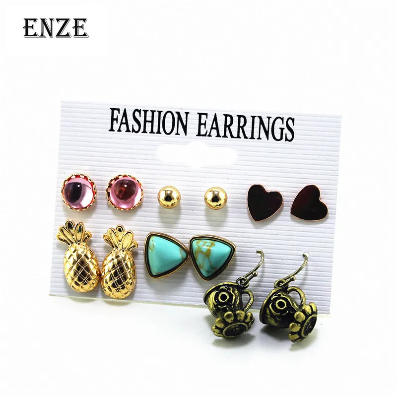 ENZE new fashion 6 pairs / set of earrings mixed heart-shaped plant retro pendant hundred matching accessories wholesale | Украшения и