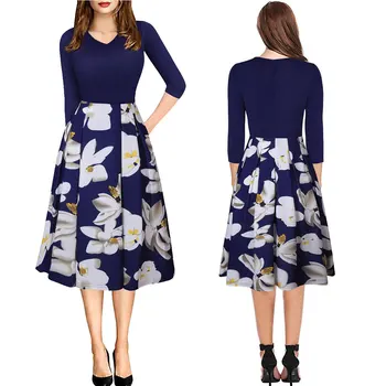 European and American women's hot sale V-neck seven-point sleeve pocket print dress Pink blue black 3 colors
European and American women's hot sale V-neck seven-point sleeve pocket print dress Pink blue black 3 colors