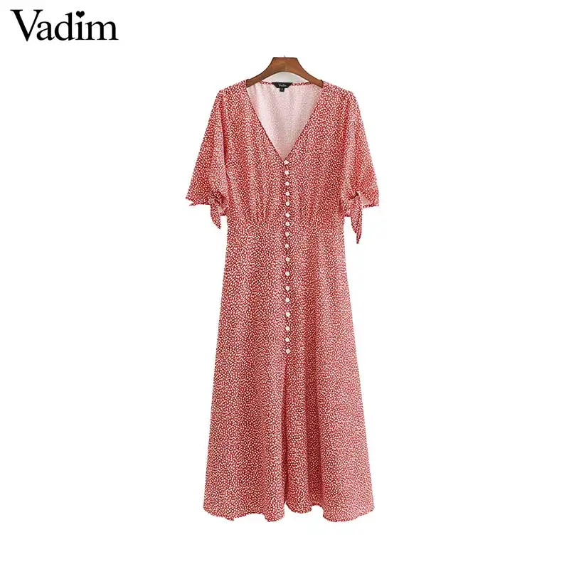 Vadim women elegant dot print V neck midi dress bow tie flare sleeve button split female mid calf dresses vestidos QB724
Vadim women elegant dot print V neck midi dress bow tie flare sleeve button split female mid calf dresses vestidos QB724