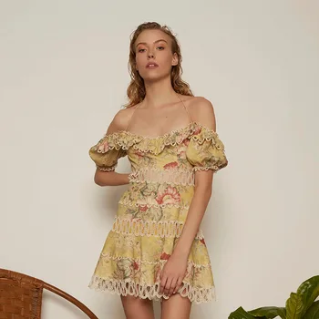 New spring and summer vacation tropical flower printing hollow water soluble lace shoulders one collar dress F0404
New spring and summer vacation tropical flower printing hollow water soluble lace shoulders one collar dress F0404