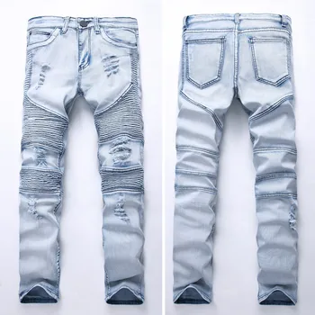 2019 New Men's Hole Locomotive Pleated jeans Men's Slim Stretch Straight Leg pants Light blue Denim trousers More Size 28-40 42
2019 New Men's Hole Locomotive Pleated jeans Men's Slim Stretch Straight Leg pants Light blue Denim trousers More Size 28-40 42