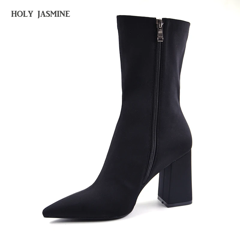 Women's Boots Pointed Toe Yarn Elastic Ankle Thick Heel High Heels Shoes Woman Female Socks 2019 New Spring fashion | Обувь