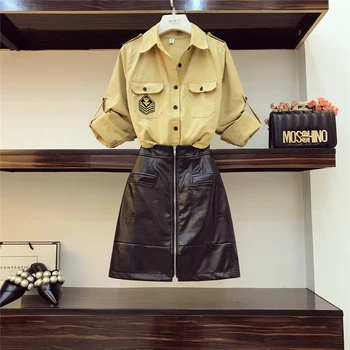 New Spring Fashion Women's Sets Personality Badge Turn Down Collar Long Sleeve Blouses + Zipper PU Leather Skirts Female Suits
New Spring Fashion Women's Sets Personality Badge Turn Down Collar Long Sleeve Blouses + Zipper PU Leather Skirts Female Suits
