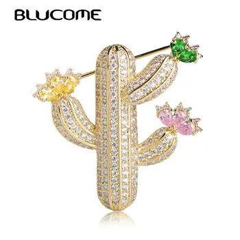 

Blucome Vivid Cactus Shape Brooches Luxury Zircon Rhinestones Copper Brooch Pins Suit Sweater Accessories Jewelry For Women Clip