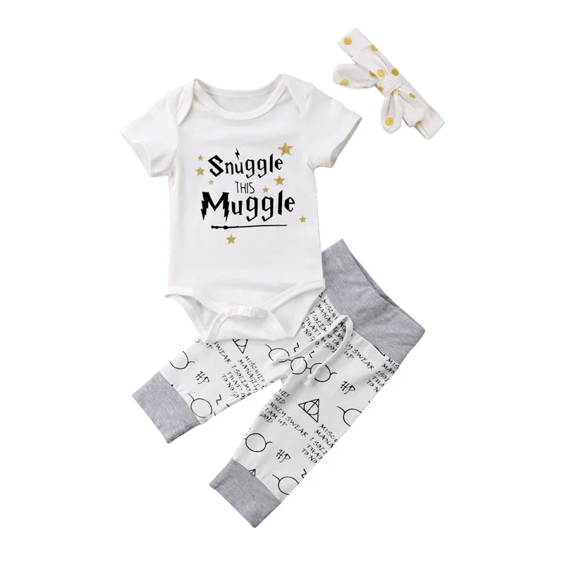 

Newborn Baby Clothes 2019 Summer Snuggle This Muggle Tops baby rompers+Pants+Headband 3 Pieces sets Infant Babe Clothing outfit