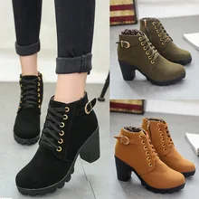 Laarzen Vrouwen Schoenen Vrouwen Mode Hoge Hak Lace Up Enkellaars Dames Gesp Platform Kunstleer Schoenen bota feminina(China)