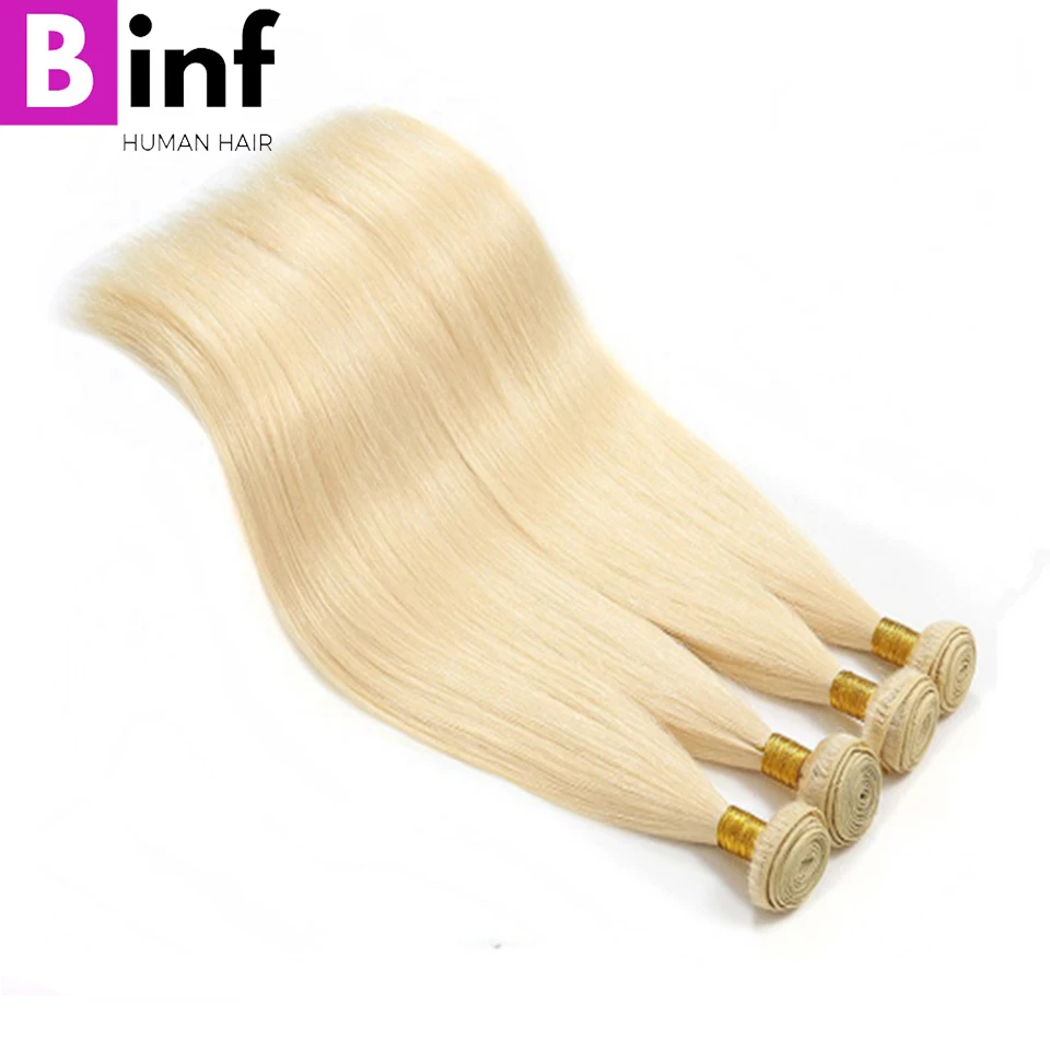 Фото BINF Brazilian Straight Hair Bundles Weave 1/4 Blonde 613 Color Non Remy 100% Human Extension 10-26 Inch Free Shipping | Шиньоны и