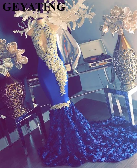 Sexy Keyhole High Neck Mermaid Royal Blue Prom Dresses Gold Lace Appliques Beaded 3D Flowers Long Train Plus Size Evening Gowns
Sexy Keyhole High Neck Mermaid Royal Blue Prom Dresses Gold Lace Appliques Beaded 3D Flowers Long Train Plus Size Evening Gowns