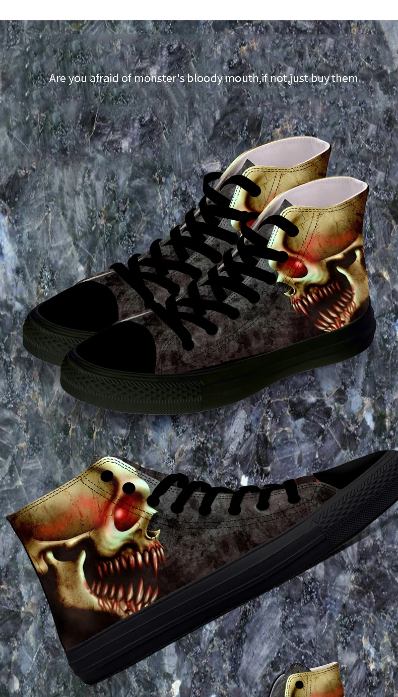 FIRST DANCE Punk Nice Skull Men Black Shoes Classic Canvas Men Casual Shoes Fashion High Top Shoes Men Printed Canvas Sneakers 8