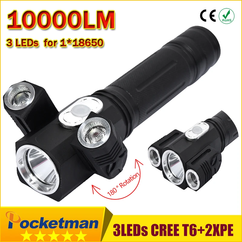 HOT 3 LEDs flashlight 10000LM 180 rotating T6+2*XPE Camp Hunting Torch flashlight tail with magnet for 18650 With magnet
HOT 3 LEDs flashlight 10000LM 180 rotating T6+2*XPE Camp Hunting Torch flashlight tail with magnet for 18650 With magnet