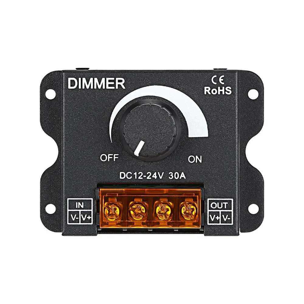 PWM Dimming Controller for LED Strip Light, DC 12V - 24V Dimmer Knob ON/OFF Switch with Aluminum Housing, Single Channel 30A
PWM Dimming Controller for LED Strip Light, DC 12V - 24V Dimmer Knob ON/OFF Switch with Aluminum Housing, Single Channel 30A