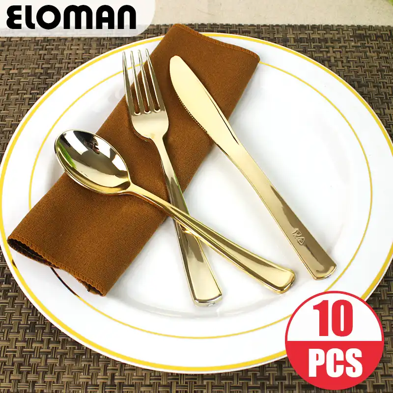 Eloman Heavy Duty Disposable Plastic Tableware Gold For
