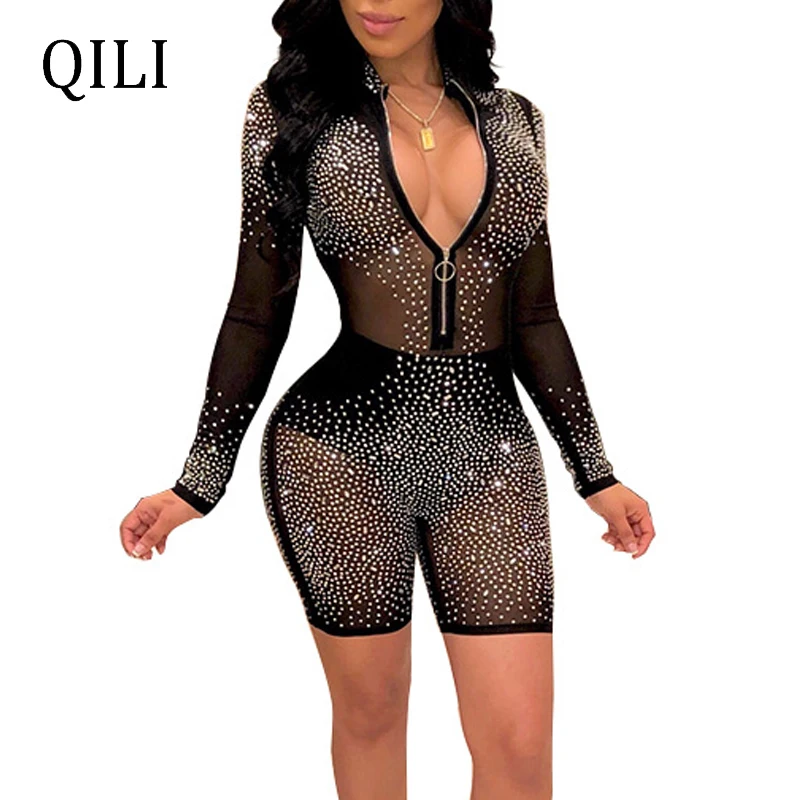 QILI Women Diamonds Rhinestone Long Sleeve Mesh Jumpsuit Summer Rompers Black Pink Sexy See Through Zipper Bodycon Rompers New
QILI Women Diamonds Rhinestone Long Sleeve Mesh Jumpsuit Summer Rompers Black Pink Sexy See Through Zipper Bodycon Rompers New