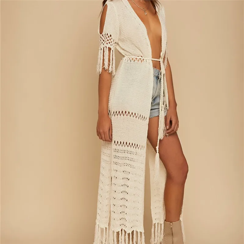 Women Knitted Bikini Cover Up Hollow Out Crochet Beach Tunic Dress With Drawstring Tassels Holiday Clothes Long Beach Cardigan
Women Knitted Bikini Cover Up Hollow Out Crochet Beach Tunic Dress With Drawstring Tassels Holiday Clothes Long Beach Cardigan