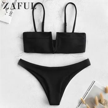 

ZAFUL Ribbed Knot V-wired Padded Bikini Set Spaghetti Straps Padded Wire Free Swim Beach Low Waisted Solid Two Pieces Sets 2019