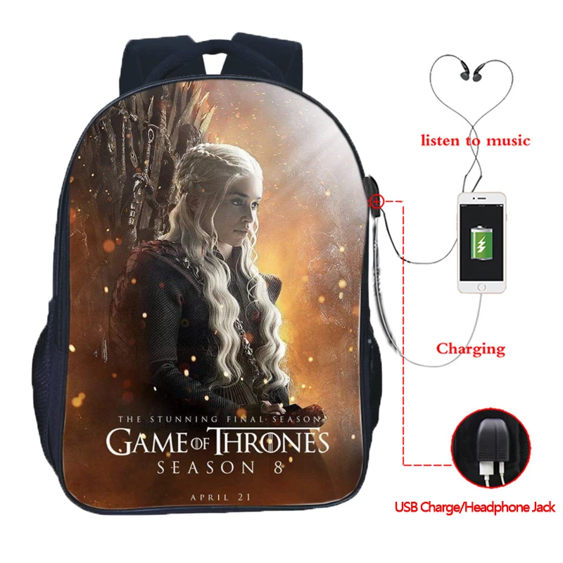 Game of Thrones 8 USB Charge Backpack School Bags Fashion Jon Snow Daenerys Targaryen Rucksack Students Boys Girls Kanpsack
Game of Thrones 8 USB Charge Backpack School Bags Fashion Jon Snow Daenerys Targaryen Rucksack Students Boys Girls Kanpsack