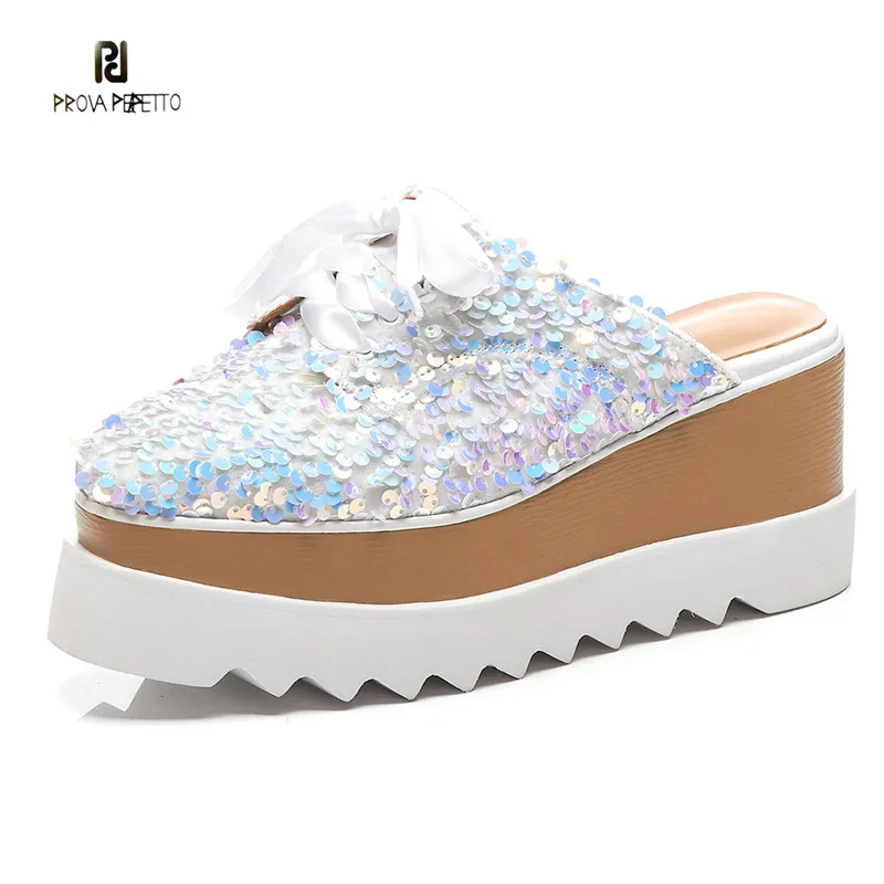 Prova Perfetto BlingBling Paillette Mules Shoes Women Fashion Wedges Lace up Casual Shoes High Platform Shoes Chaussures Femme
Prova Perfetto BlingBling Paillette Mules Shoes Women Fashion Wedges Lace up Casual Shoes High Platform Shoes Chaussures Femme