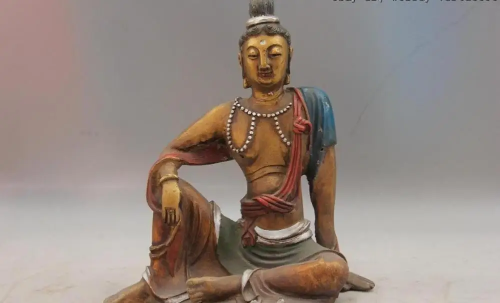 Tibet Copper Color Painted Buddhist Free godness Guanyin Kwan-Yin Buddha Statue