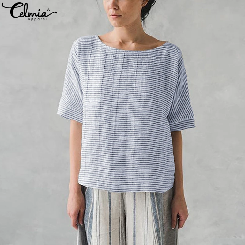 2019 Celmia Women Retro Cotton Linen Tops Female Summer Blouses O Neck Short Sleeve Striped Shirt Casual Loose Blusas Plus Size
2019 Celmia Women Retro Cotton Linen Tops Female Summer Blouses O Neck Short Sleeve Striped Shirt Casual Loose Blusas Plus Size