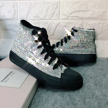 2018 handmade sequins women's high-top shoes women's street shoot shiny canvas shoes with flat casual shoes.
2018 handmade sequins women's high-top shoes women's street shoot shiny canvas shoes with flat casual shoes.