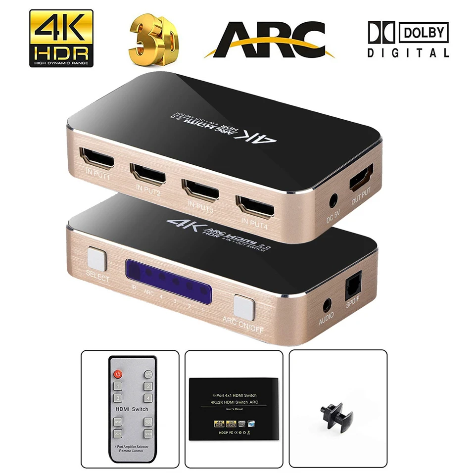 2019 Best 4K 60Hz HDMI Switch Remote Control 4 Port Toslink 4x1 2.0 For XBOX 360 PS4 Smart Android HDTV | Электроника