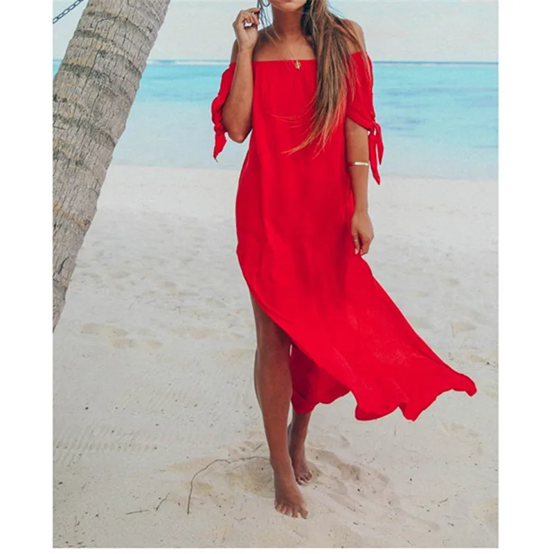 2019 New Boho Off Shoulder Short Sleeve Dress Vestidos Split Opening Long Dress Female Summer Slash Neck Solid Beach Dresses
2019 New Boho Off Shoulder Short Sleeve Dress Vestidos Split Opening Long Dress Female Summer Slash Neck Solid Beach Dresses