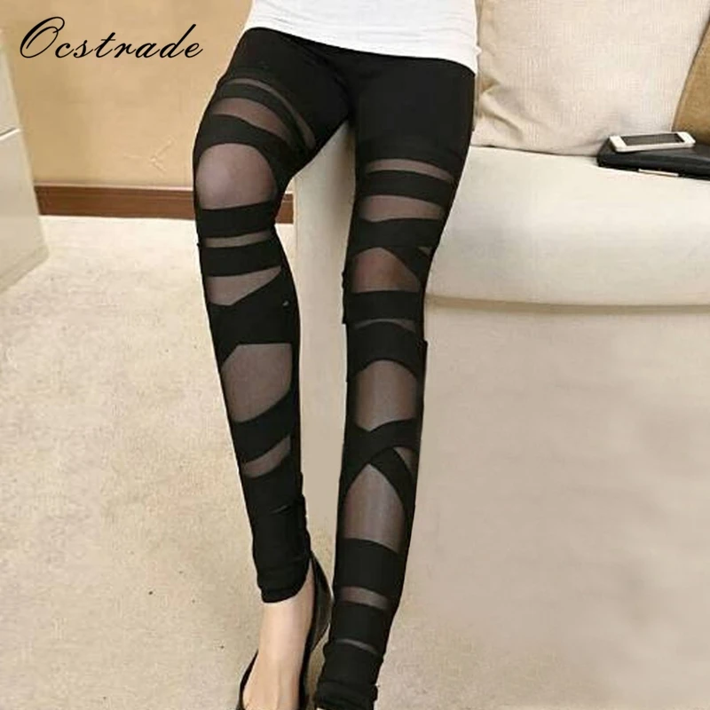 

Ocstrade Fall 2017 Fashion Sexy High Waist Bandage Pants Women Black Mesh Bandage Leggings