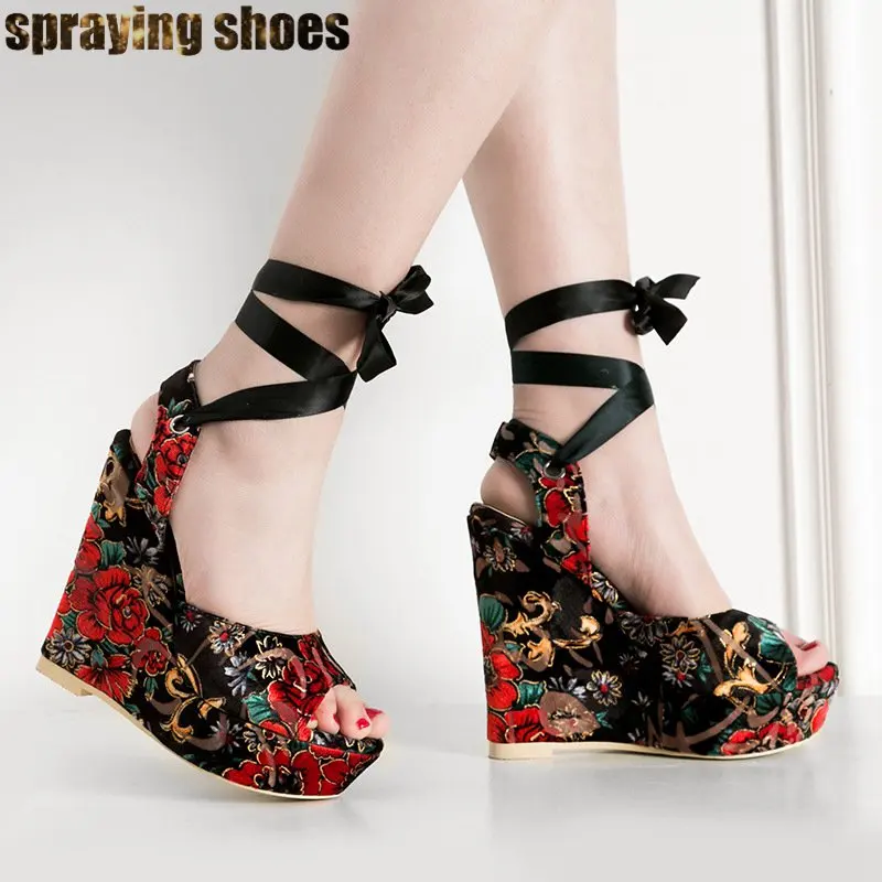 Fashion Women Luxury Embroider High Platform Shoes Wedge Sandals Sexy Lace Up High Heels Summer Sandals 2019