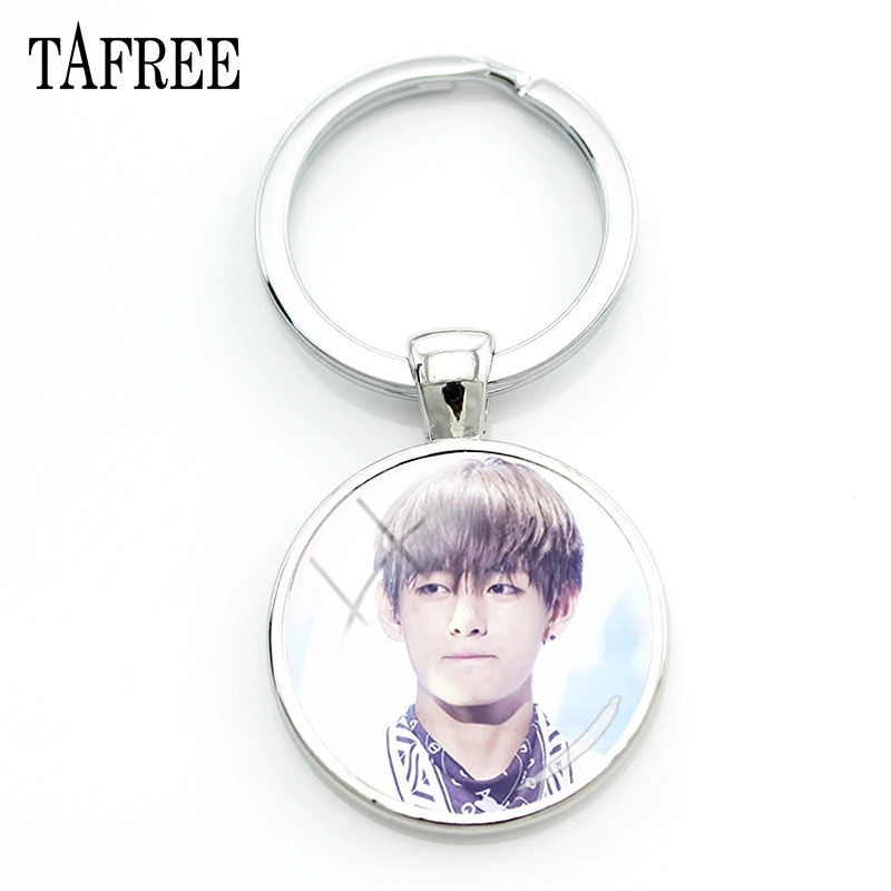 

TAFREE BTS V Picture Key Chain Cute Idols picture Keychains silver plated for Bag Car Key round glass Hot Sale Jewelry BTS251