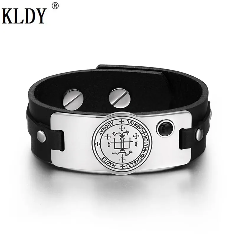 

KLDY Powers Amulet Tag Bracelet Simulated Black Onyx Adjustable Black Leather Bracelet Punk men Women statement Magical Bangle