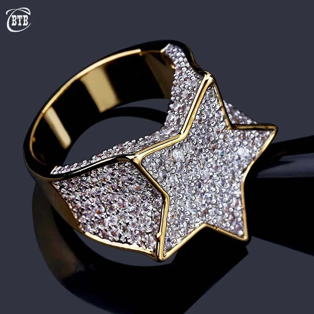 

Men's Trendy Copper Gold Color Pentagram Ring Exaggerate High Quality Iced Out CZ Stone Star Shape Ring Hip Hop Jewelry Gift