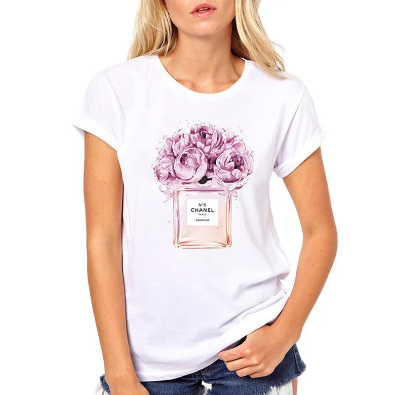 2019 Summer Tops Women Flower Perfume t shirt camisetas mujer Fashion Ladies O-neck Short Sleeve tops White high quality t-shirt
2019 Summer Tops Women Flower Perfume t shirt camisetas mujer Fashion Ladies O-neck Short Sleeve tops White high quality t-shirt