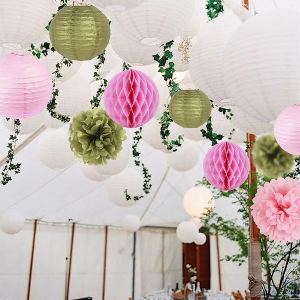 Set of 11 Gold and Pink Paper Decoration Honeycomb BallsPaper LanternsTissue Paper Pom Pom Wedding Birthday Party Decor (6)
