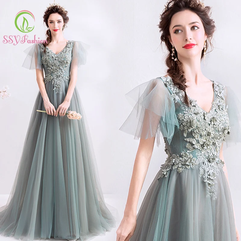 SSYFashion V Neck Flare Sleeves Floor Length Grey Green Long Evening Dresses Formal Party Gown Vestidos De Fiesta De Noche
SSYFashion V Neck Flare Sleeves Floor Length Grey Green Long Evening Dresses Formal Party Gown Vestidos De Fiesta De Noche