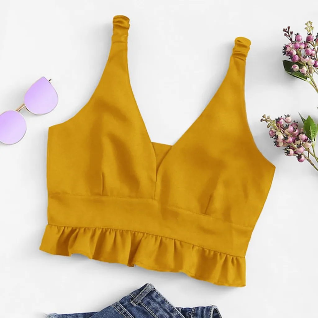 Crop Top Women Casual Deep V-Neck Frill Ruffled Hem Tank Tops Vest Fashion Sexy Yellow T-shirt camiseta mujer
Crop Top Women Casual Deep V-Neck Frill Ruffled Hem Tank Tops Vest Fashion Sexy Yellow T-shirt camiseta mujer