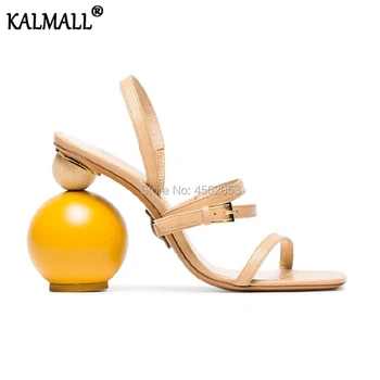 

KALMALL Chic New Fashion Black Nude Leather Narrow Strap Buckled Summer Shoes Cork Stacked Strange Heel Gladiator Sandals Women