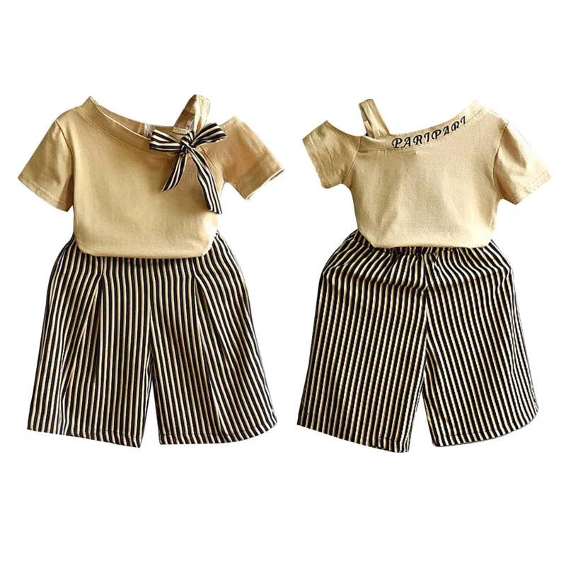 Girls Casual Camel Cut Sleeve Top With Striped Pants 4 ZM1178 (26)