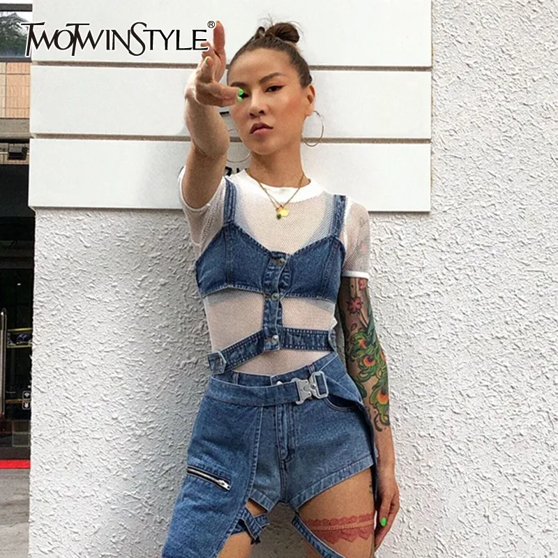 TWOTWINSTYLE Sexy Hollow Out Vest For Women Off Shoulder Button Slim Denim Crop Tops Female Fashion Clothes 2019 Summer New
TWOTWINSTYLE Sexy Hollow Out Vest For Women Off Shoulder Button Slim Denim Crop Tops Female Fashion Clothes 2019 Summer New