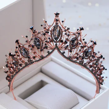 

KMVEXO Baroque Rose Gold Black Crystal Bridal Tiara Rhinestone Diadem Pageant Crown for Brides Headband Wedding Hair Accessories
