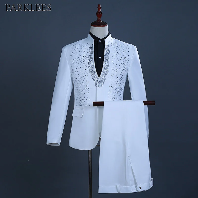 White Embroidered Diamond Suit Men Wedding Groom Tuxedo Suits Mens Stand Collar Prom Stage Costume Mens Suits with Pants Ternos
White Embroidered Diamond Suit Men Wedding Groom Tuxedo Suits Mens Stand Collar Prom Stage Costume Mens Suits with Pants Ternos