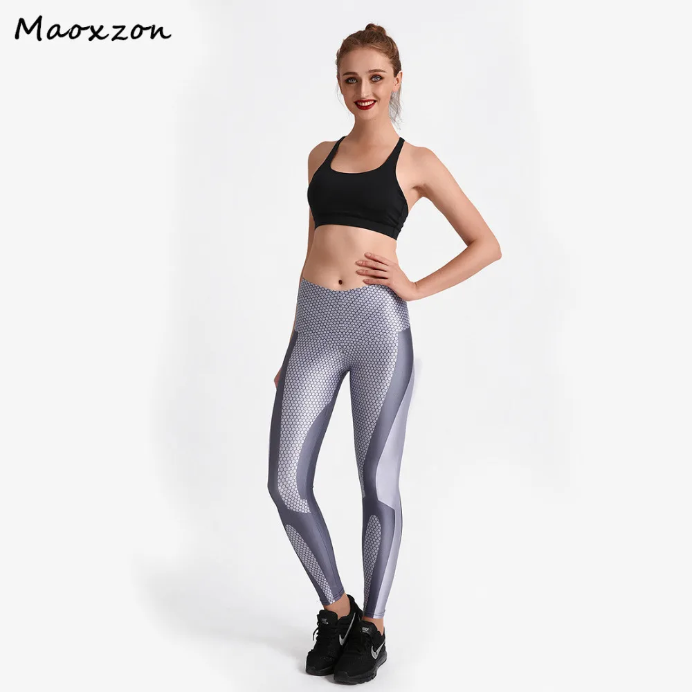 Фото Maoxzon для женщин серый цифровой принт Athleisure фитнес обтягивающие леггинсы Йога