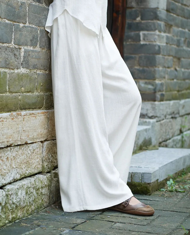 LZJN 2019 Spring Summer Culottes Pants Vintage Cotton Linen Pants Loose Full Length Trousers Women Wide Leg Pants White 3 Colors (25)