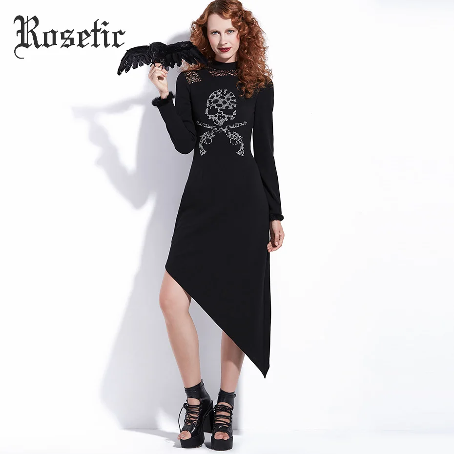 Rosetic Gothic Bodycon Dress Women Black Autumn Winter Hollow A-line Dark Skull Slim Stand Collar Asymmetrical Goth Female Dress
Rosetic Gothic Bodycon Dress Women Black Autumn Winter Hollow A-line Dark Skull Slim Stand Collar Asymmetrical Goth Female Dress