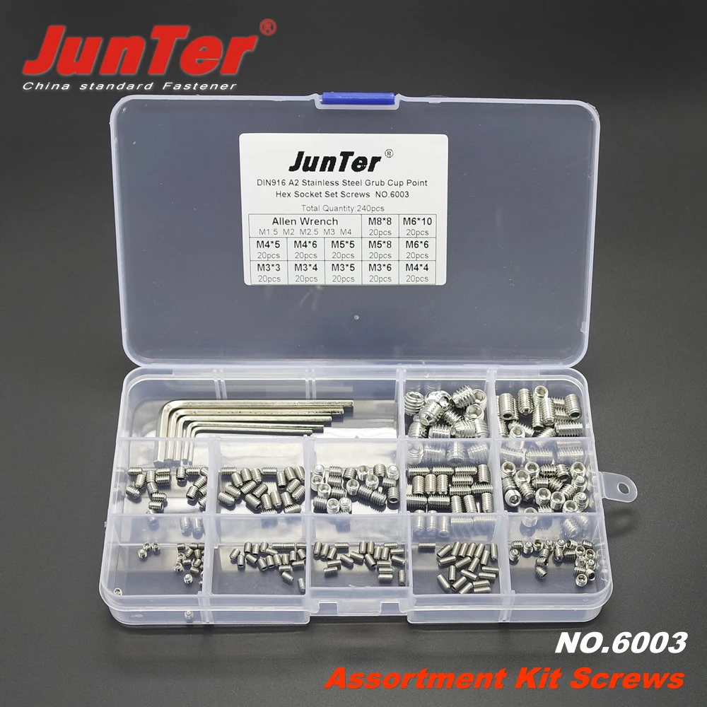 240pcs DIN916 M3 M4 M5 M6 M8 A2 Stainless Steel Socket Cup Point Grub Screws With Hex Key Assortment Kit NO.6003
240pcs DIN916 M3 M4 M5 M6 M8 A2 Stainless Steel Socket Cup Point Grub Screws With Hex Key Assortment Kit NO.6003