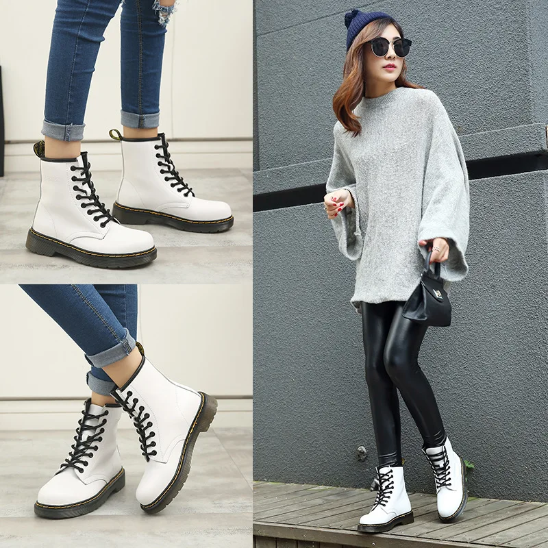 Image 2017 New Spring Fashion Boots Women Shoes for Lady Genuine Leather Boots White Brand Martin Boots High Quality Breathable Black